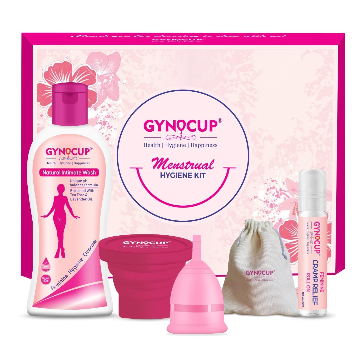 GynoCup Menstrual Cup for Women | Small Size | With Menstrual Cup Sterilizer, Female Intimate Wash & Period Pain Relief Roll-on | No Leakage Protection Up to 10-12 Hours, FDA Approved (Small) (Pink)