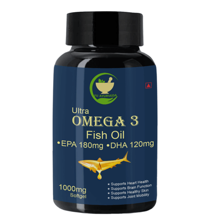 FIJ AYURVEDA Ultra Omega3 Fish Oil Fatty Acid 1000mg | Omega3 Capsule (180 mg EPA & 120 mg DHA) Fish Oil Capsule | Supports Healthy Heart, Brain, Better Skin, Bones, Joint & Eye Care - 60 Softgel (Pack of 1)
