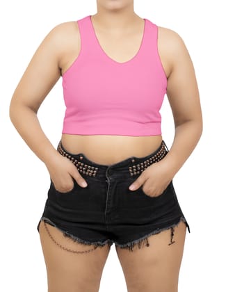 Pink Soft and Stretchy Cotton Knit Rib Fitted V Neck Fitted Casual and Sports Crop Top