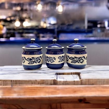 STOREPEDIA Handmade Pottery Ceramic Barni Jar Set of 3 with Lid and Holding Tray for Kitchen Dinning Table Decor Storage Container for Preserves Achar Salt Spices Chutney Tea Coffee Blue Color, 250 ml