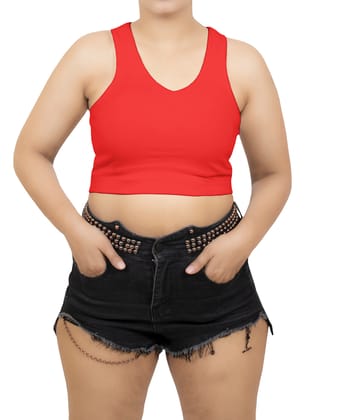 Red Soft and Stretchy Cotton Knit Rib Fitted V Neck Fitted Casual and Sports Crop Top