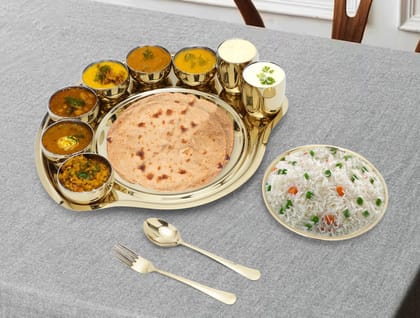 iRin By Dr.WaterR Stainless Steel Maharaja Thali Gold PVD Dinner Set | Ideal for Home | Restaurant | Gifting | Wedding |  1 Plate/Thali, 6 Bowl, 1 Plate, 2 Glass, 1 Spoon, 1 Fork |Pack of 12