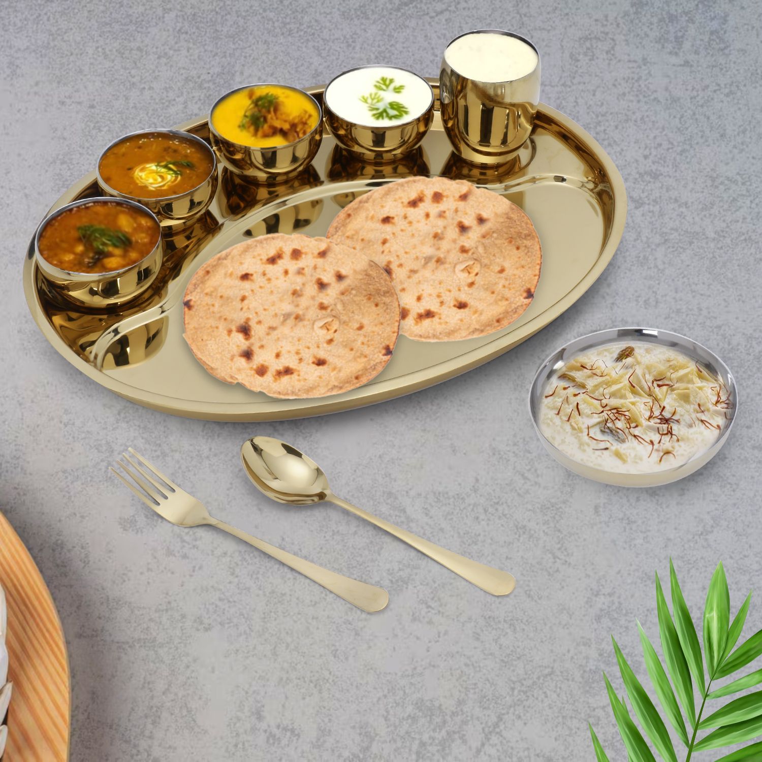 iRin By Dr.WaterR Stainless Steel Rajbhog Thali Gold PVD Dinner Set | Ideal for Home | Restaurant | Gifting | Wedding |  1 Plate/Thali, 4 Bowl, 1 Plate, 1 Glass, 1 Spoon, 1 Fork | Pack of 9