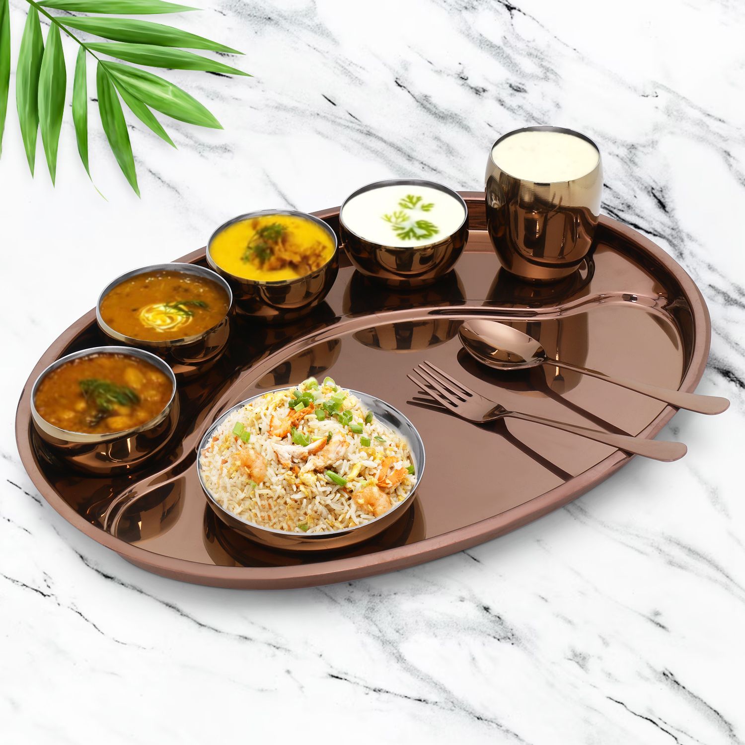 iRin By Dr.WaterR Stainless Steel Rajbhog Thali Rose Gold PVD Dinner Set | Ideal for Home | Restaurant | Gifting | Wedding |  1 Plate/Thali, 4 Bowl, 1 Plate, 1 Glass, 1 Spoon, 1 Fork | Pack of 9