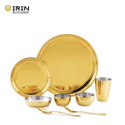 iRiN By Dr.WaterR Parivar Stainless Steel Premium Dinner Set Gold PVD | Kitchen Set |Ideal for Home | Restaurant | Gifting | Wedding | 1 Full Plate 2 Bowls 2 Small Plate 1 Glass 1 Spoon 1 Fork | Pack of 8pcs