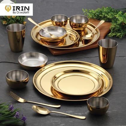 iRiN By Dr.WaterR Parivar Stainless Steel Premium Dinner Set Gold PVD | Kitchen Set | Ideal for Home | Restaurant | Gifting | Wedding | 2 Full Plate 4 Bowls 4 Small Plate 2 Glass 2 Spoon 2 Fork | Pack of 16pcs