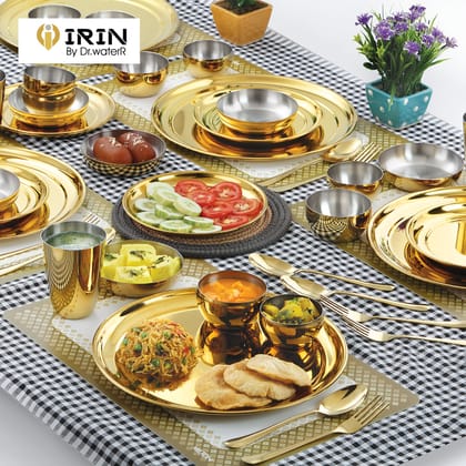 iRiN By Dr.WaterR Parivar Stainless Steel Premium Dinner Set Gold PVD | Kitchen Set | Ideal for Home | Restaurant | Gifting | Wedding | 3 Full Plate 6 Bowls 6 Small Plate 3 Glass 3 Spoon 3 Fork | Pack of 24pcs