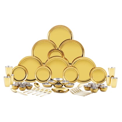 iRiN By Dr.WaterR Parivar Stainless Steel Premium Dinner Set Gold PVD | Kitchen Set | Ideal for Home | Restaurant | Gifting | Wedding | 4 Full Plate 8 Bowls 8 Small Plate 4 Glass 4 Spoon 4 Fork | Pack of 32pcs