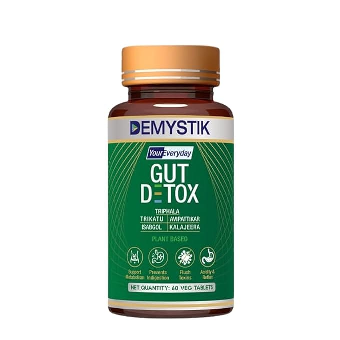 Demystik Gut Detox with the goodness of Trikatu, Isabgol, Triphala, Avipattikar & Kalajeera | Health Cleanse Purify | Stomach Cleanse, Purify Digestion, Metabolism, Toxin Removal, Acidity & Gas Control Supplement(60 Tablets - Pack of 1)