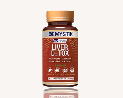 Demystik Plant Based Liver Support Supplement With Milk Thistle, Dandelion, Glutathione & Piperine | Supports Liver function, Digestion & Immunity | For Men & Women - 60 Veg Tablets