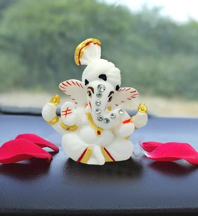 Vishu Store: Lord Ganpati/Ganesha Idol for Car Dashboard, Desk, Office Table | Ganesh Car Dashboard Idol Figurine Showpiece Sculpture 3.5 x 2 Inch (Marble Dust) (Pagri Wale Ganesh Ji)