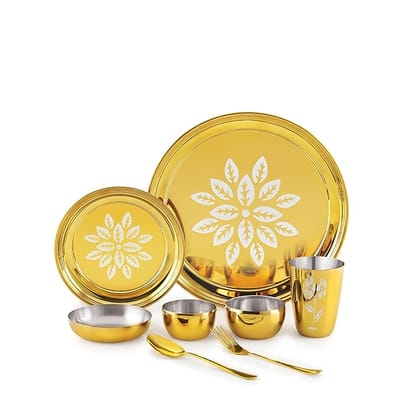 iRiN By Dr.WaterR Parivar Stainless Steel Designer Dinner Set Gold PVD | Kitchen Set | Ideal for Home | Restaurant | Gifting | Wedding |1 Full Plate 2 Bowls 2 Small Plate 1 Glass 1 Spoon 1 Fork | Pack of 8pcs