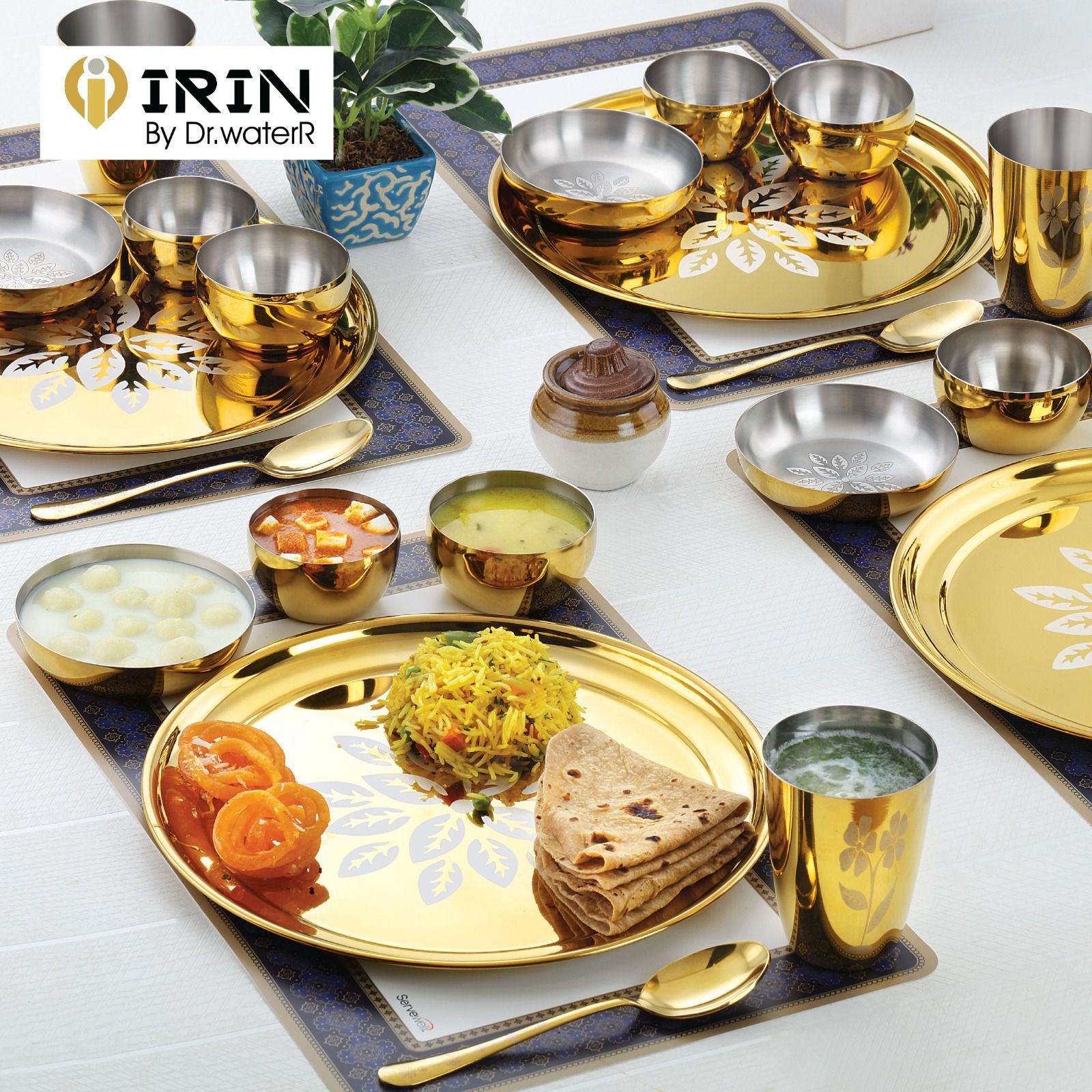 iRiN By Dr.WaterR Parivar Stainless Steel Designer Dinner Set Gold PVD | Kitchen Set | Ideal for Home | Restaurant | Gifting | Wedding | 3 Full Plate 6 Bowls 6 Small Plate 3 Glass 3 Spoon 3 Fork | Pack of 24pcs