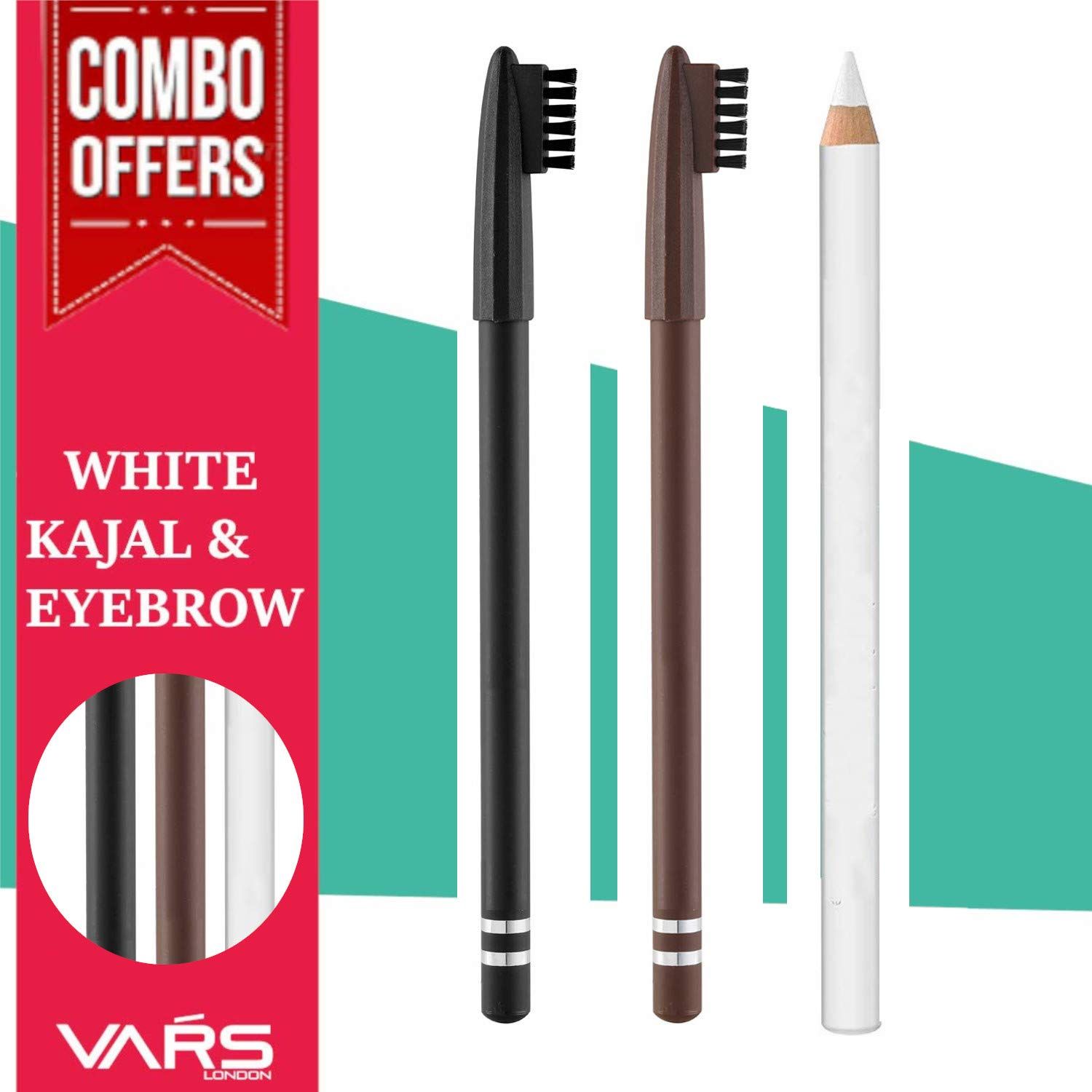 VARS LONDON White kohl kajal and black and brown eyebrow pencil combo| eyebrow pencil | white kajal| white kohl kajal pecnil | white pencil kajal | eye make up kit | brow eyebrow pencil | black eyebrow pencil