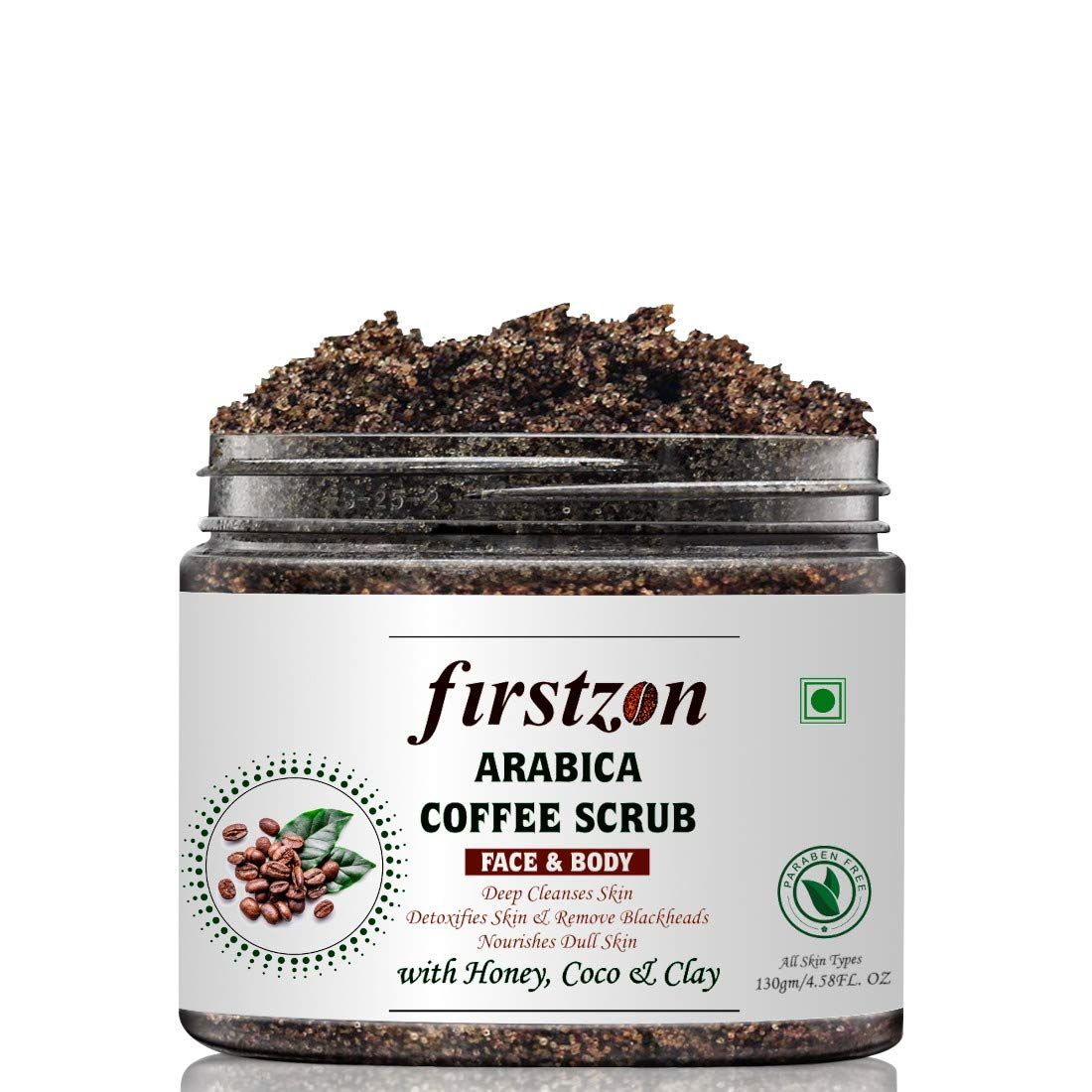 FIRSTZON Arabica Coffee Face & Body Scrub 130 gm (made in India) |Green Tea, Honey, Coco, & Clay|