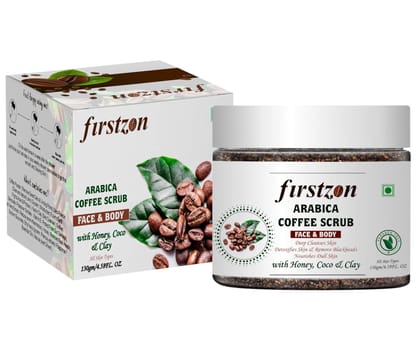 FIRSTZON Arabica Coffee Face & Body Scrub for Skin Brightening De-Tan, Exfoliate Knees, Elbows, Face, Scalp, Arms