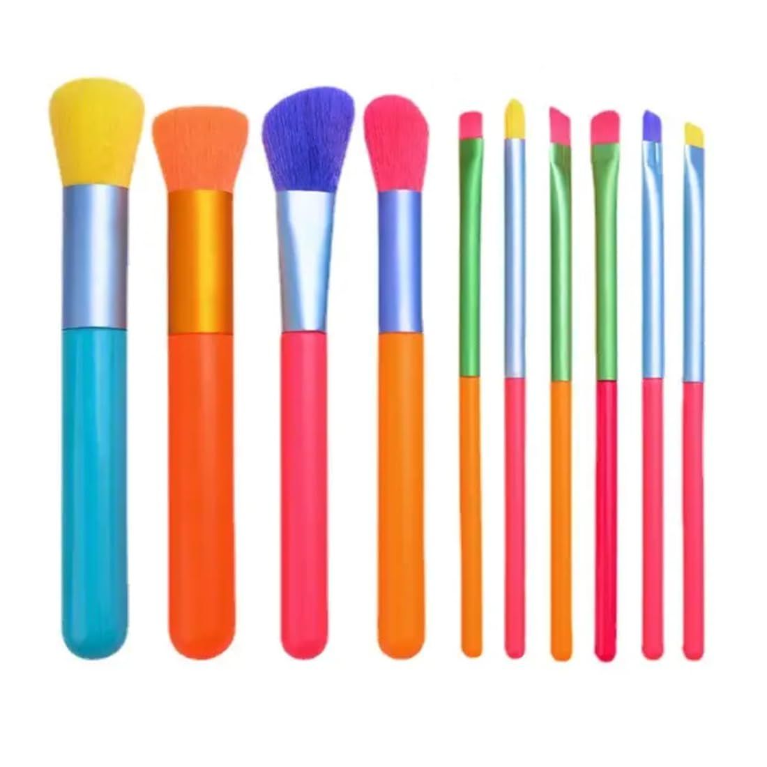 FIRSTZON Rainbow color 10 pc make up brush set + face foundation brush+setting brush + eyeshadow brush+ eyeliner brush+ bleanding brush