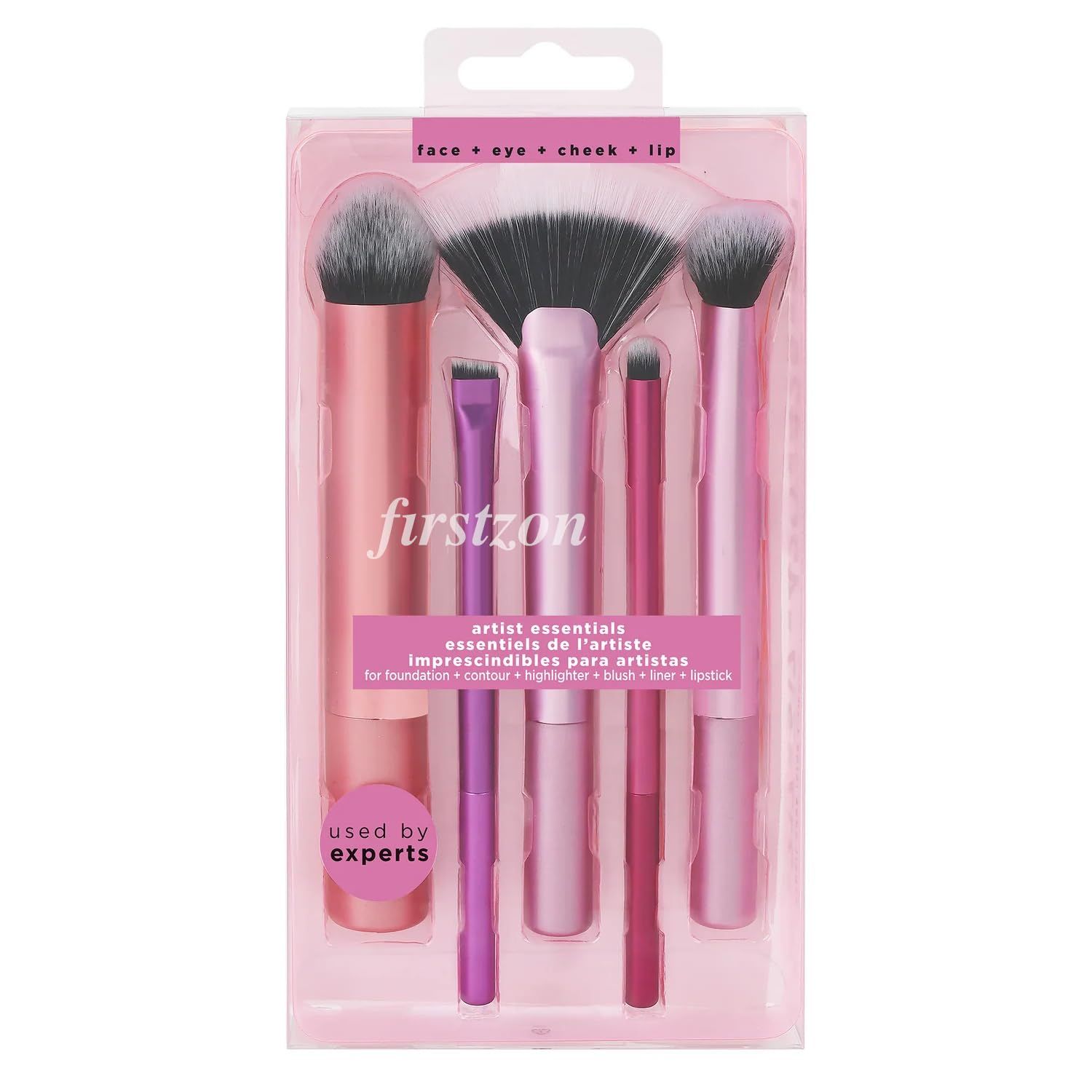 FIRSTZON Artist Essentials Real Makeup Brush Set, For Foundation, Blush, Highlighter, Eyeshadow, & Liner, Professional Makeup Tools, Synthetic Bristles,5 Piece Set