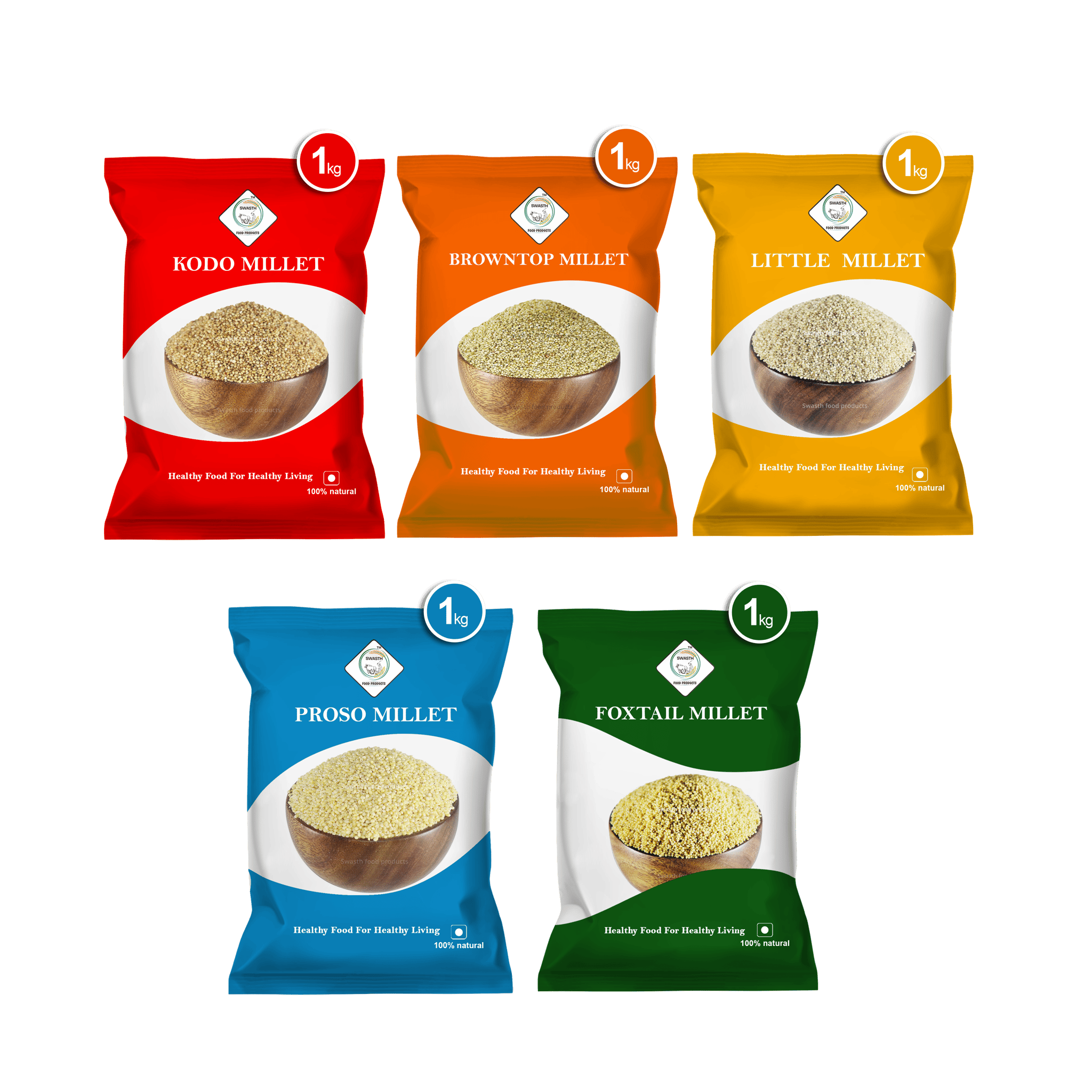 SWASTH Unpolished and Natural Millet Combo Pack of 5 - 1Kg Each (Kodo, Little, Browntop, Foxtail, Proso Millets)