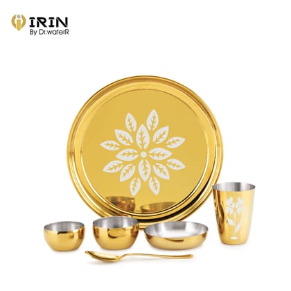 iRiN By Dr.WaterR Parivar Stainless Steel Designer Dinner Set Gold PVD | Kitchen Set | Ideal for Home | Restaurant | Gifting | Wedding | 1 Full Plate 2 Bowls 1 Small Plate 1 Glass 1 Spoon | Pack of 6pcs