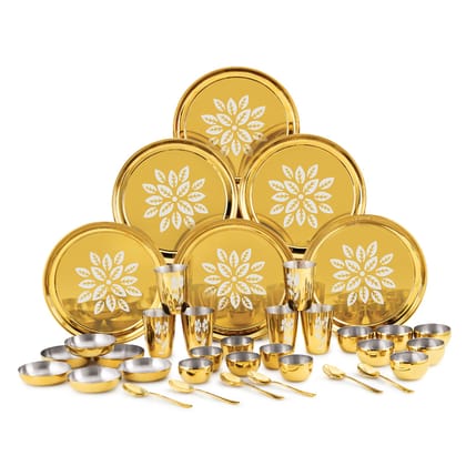 iRiN By Dr.WaterR Parivar Stainless Steel Designer Dinner Set Gold PVD | Kitchen Set | Home | Restaurant | Gifting | Wedding | 6 Full Plate 12 Bowls 6 Small Plate 6 Glass 6 Spoon | Pack of 36pcs