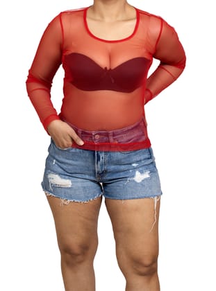 Red Soft and Stretchy Cotton Knit Rib Fitted V Neck Fitted Casual and Sports Crop Top