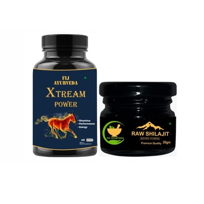 FIJ AYURVEDA Xtream Power 60 Capsule with Raw Shilajit/Shilajeet Resin - 20Gm (Combo Pack)