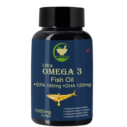 FIJ AYURVEDA Ultra Omega 3 Fish Oil - 1000mg (180 mg EPA & 120 mg DHA) Omega 3 Fish Oil | Fatty Acid | Supports Healthy Heart, Brain, Better Skin, Bones, Joint & Eye Care � 60 Softget Capsules