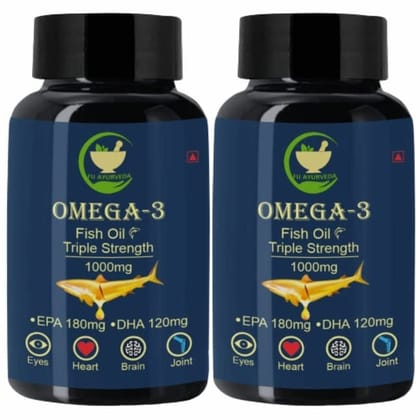 FIJ AYURVEDA Triple Strength Omega 3 Fish Oil - 1000mg (180 mg EPA & 120 mg DHA) Omega 3 Fish Oil | Fatty Acid | Supports Healthy Heart, Brain, Better Skin, Bones, Joint & Eye Care � 60 Capsules (Pack of 2)