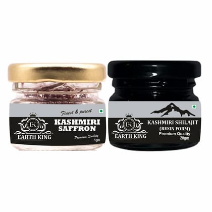 EARTH KING Kashmiri Shilajit/Shilajeet Resin | Raw Shilajit | Shudh Shilajit | Original Shilajit (Semi Liquid) - 20G with Pure A++ Grade Kashmiri Saffron � 1GM �Combo Pack