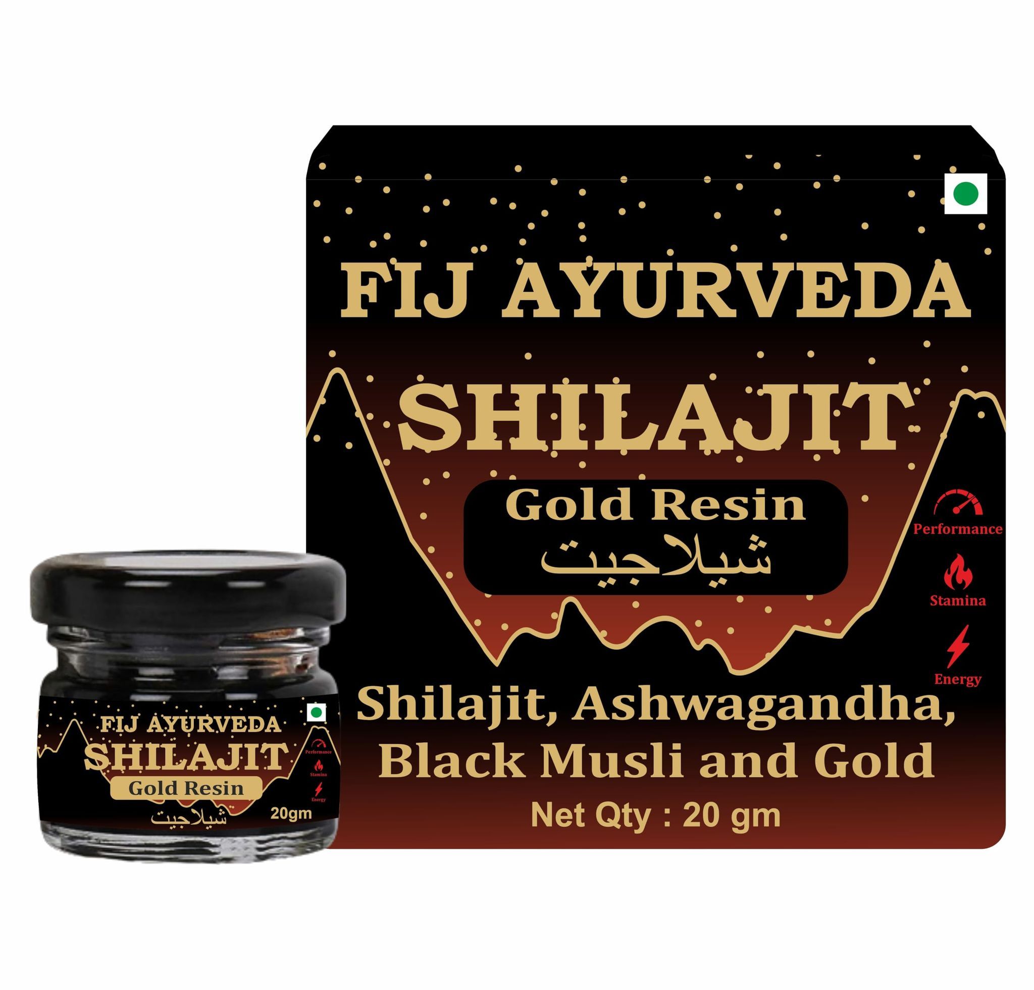 FIJ AYURVEDA Shilajit/Shilajit Gold Resin (Semi Liquid) with Ashwagandha, Black Musli & 24K (Gold | Shudh Shilajit | Supports Strength, Stamina & Energy - 20Gm (Pack of 1) (Pack of 1)