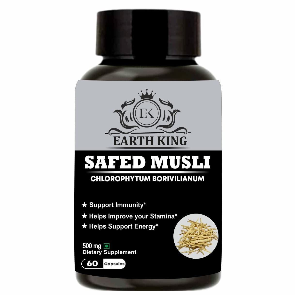 EARTH KING Safed Musli Extract Capsule (Chlorophytum Borivilianum) Supports Strength & Stamina � 500mg 60 Capsules