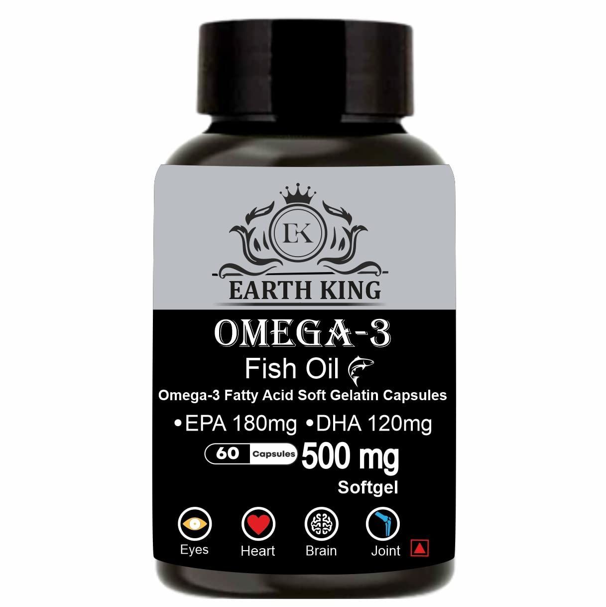 EARTH KING Omega 3 Fish Oil (180 mg EPA & 120 mg DHA) Omega 3 Fish Oil | Fatty Acid | Supports Healthy Heart, Brain, Better Skin, Bones, Joint & Eye Care for Men & Women � 500mg 60 Softget Capsules