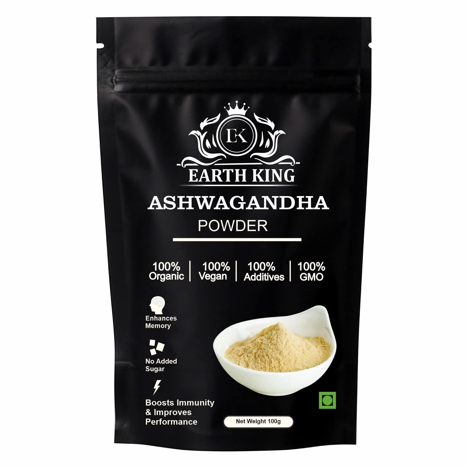 EARTH KING 100% Pure Ashwagandha Powder (Withania Somnifera) Supports Anxiety & Stress for Men & Women - 100gm