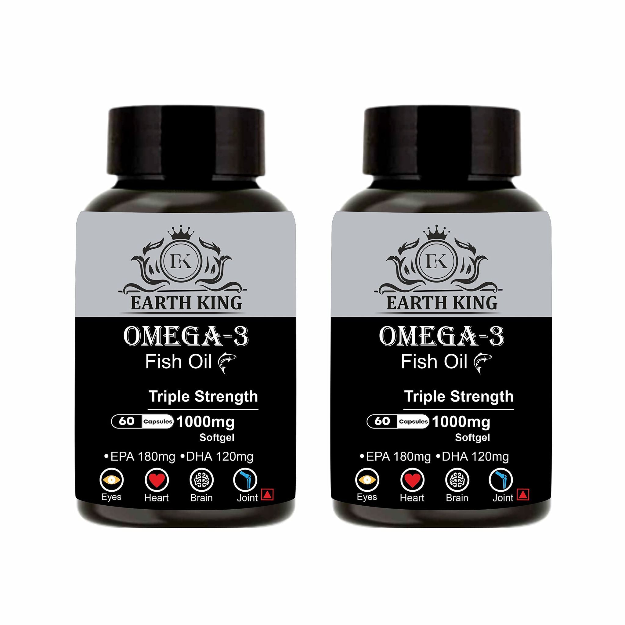 EARTH KING Triple Strength Omega 3 Fish Oil - 1000mg (180 mg EPA & 120 mg DHA) Omega 3 Fish Oil | Fatty Acid | Supports Healthy Heart, Brain, Better Skin, Bones, Joint & Eye Care � 60 Capsules (Pack of 2)