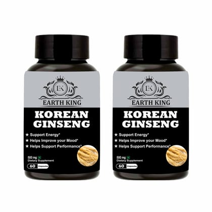 EARTH KING Korean Ginseng Capsule | Red Ginseng | Root Extract | Dietary Supplement | Strength, Stamina & Energy � 500mg 60 Capsules (Pack of 2)