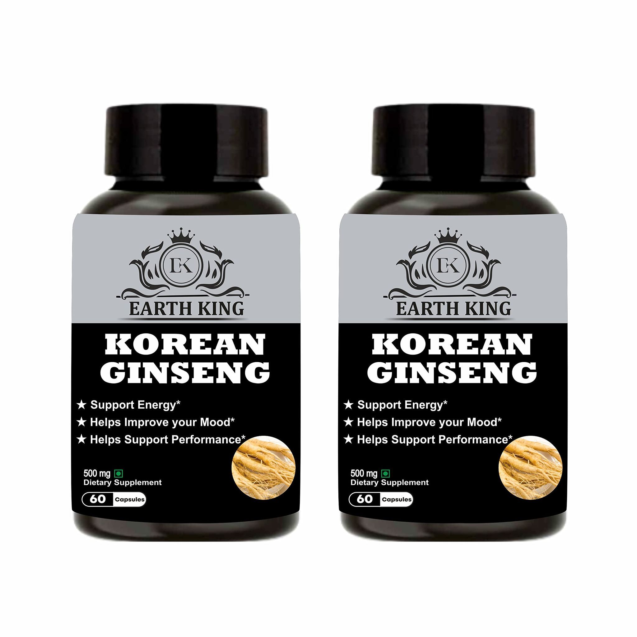 EARTH KING Korean Ginseng Capsule | Red Ginseng | Root Extract | Dietary Supplement | Strength, Stamina & Energy � 500mg 60 Capsules (Pack of 2)