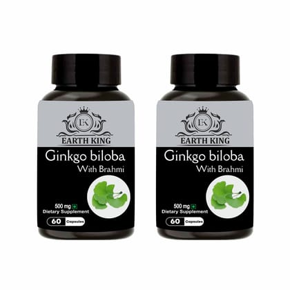 EARTH KING Ginkgo Biloba Capsule with Bramhi Extract Supports Memory & Focus for Men & Women - 500mg 60 Capsules (Pack of 2)