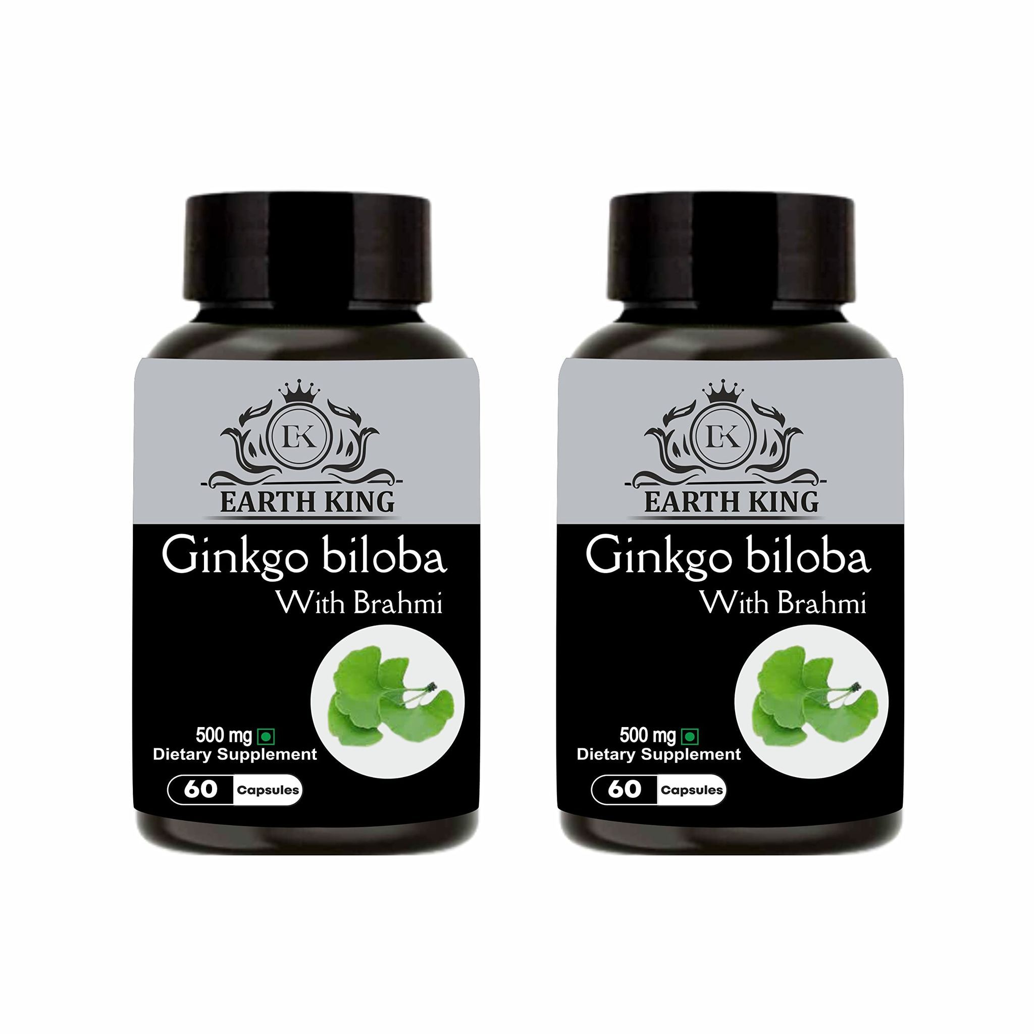 EARTH KING Ginkgo Biloba Capsule with Bramhi Extract Supports Memory & Focus for Men & Women - 500mg 60 Capsules (Pack of 2)