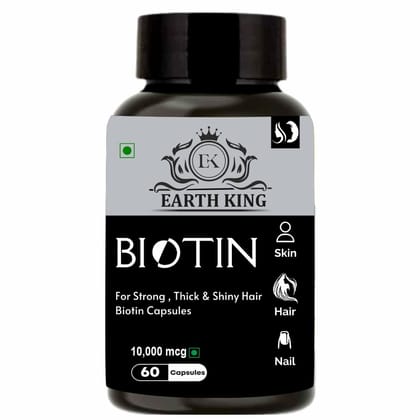 EARTH KING Biotin Capsule for Hair Growth, Strong Hair & Glowing Skin, Fights Nail Brittleness � 10,000mcg 60 Capsules