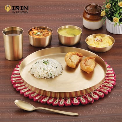 iRiN By Dr.WaterR Pure Original Bronze/Kansa Dinner Set | Kitchen Set | Ideal for Home | Restaurant | Gifting |1 Full Plate 2 Bowls 1 Dessert Plate 1 Glass 1 Spoon | Pack of 6pcs