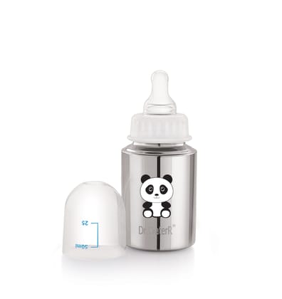 Dr.WaterR Stainless Steel Baby Feeding Bottle 150ml With 1 Extra Nipple Panda character Printed, narrow neck  Infants 0-3 Years, Bottle for Milk, Water, Juice, Ideal for Home, Gifting, Birthday, Special Occasions