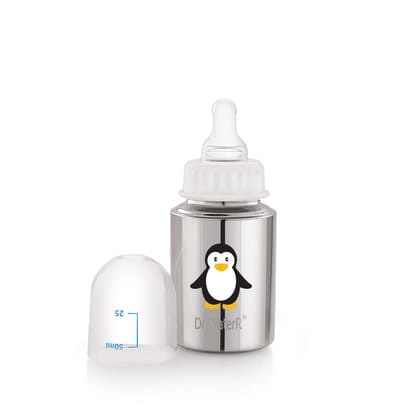 Dr.WaterR Stainless Steel Baby Feeding Bottle 150ml With 1 Extra Nipple Pengiun character Printed, narrow neck  Infants 0-3 Years, Bottle for Milk, Water, Juice, Ideal for Home, Gifting, Birthday, Special Occasions