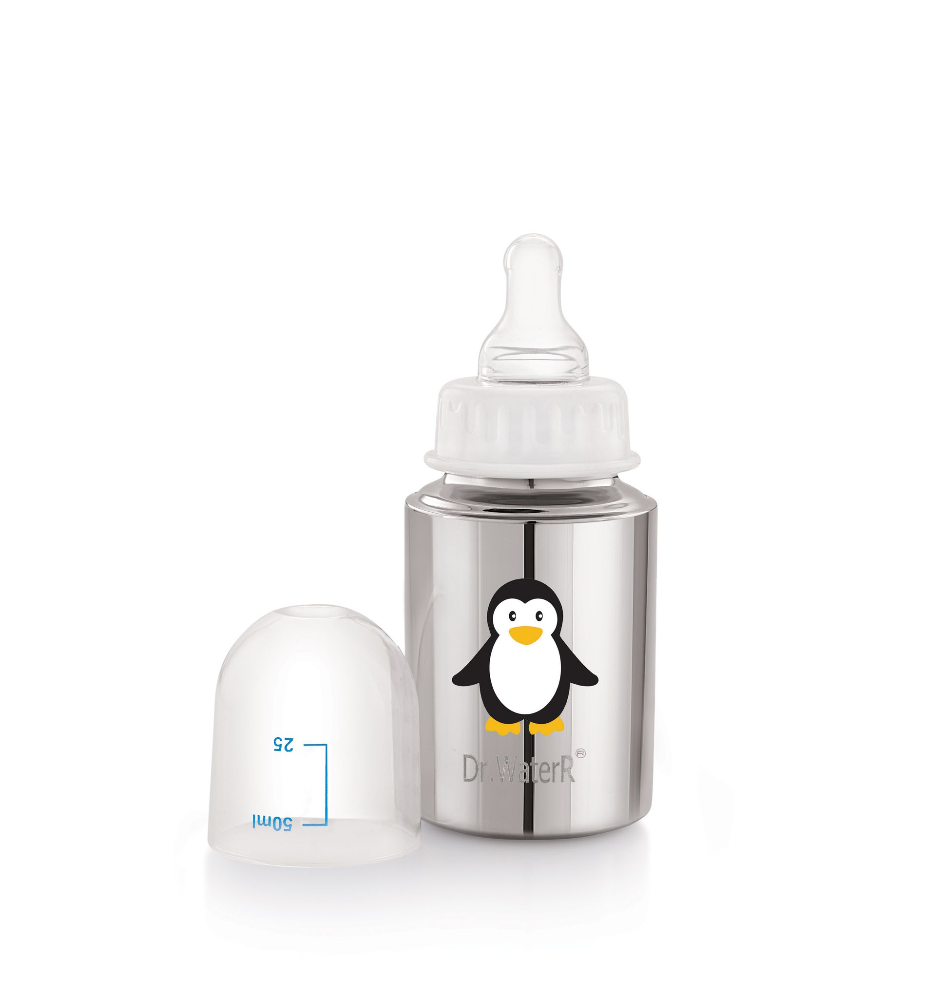 Dr.WaterR Stainless Steel Baby Feeding Bottle 150ml With 1 Extra Nipple Pengiun character Printed, narrow neck  Infants 0-3 Years, Bottle for Milk, Water, Juice, Ideal for Home, Gifting, Birthday, Special Occasions