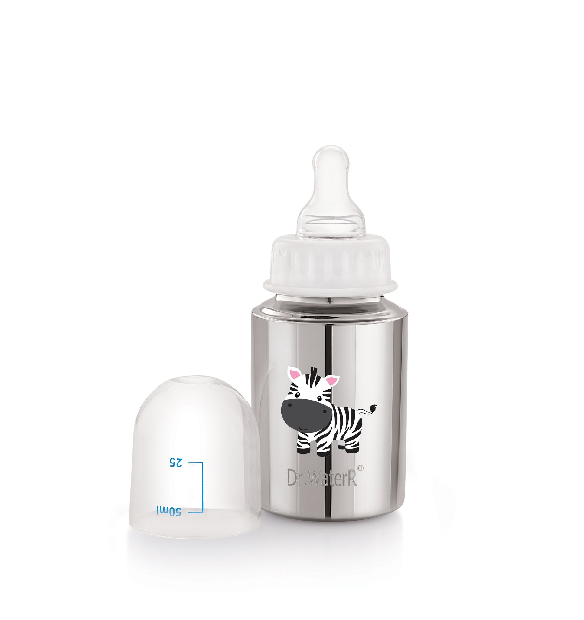 Dr.WaterR Stainless Steel Baby Feeding Bottle 150ml With 1 Extra Nipple Zebra character Printed, narrow neck  Infants 0-3 Years, Bottle for Milk, Water, Juice, Ideal for Home, Gifting, Birthday, Special Occasions