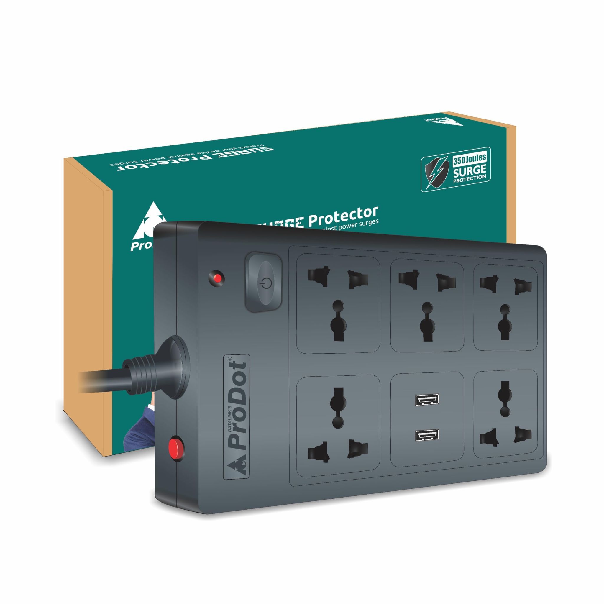 PRODOT Power Spike Guard, Strip Surge Protector with Master Switch and 5 Outlets with 2 USB, Heavy Duty Extension Cord for Home, Office, Travel & Phone Charging