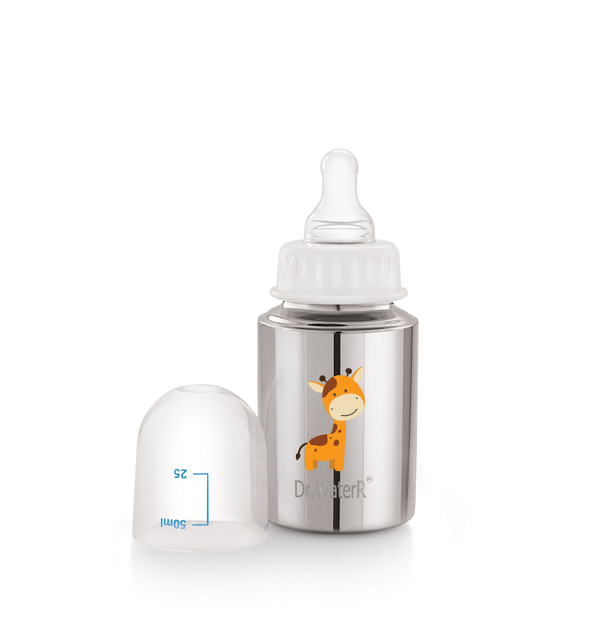 Dr.WaterR Stainless Steel Baby Feeding Bottle 150ml With 1 Extra Nipple Giraffe character Printed, narrow neck  Infants 0-3 Years, Bottle for Milk, Water, Juice, Ideal for Home, Gifting, Birthday, Special Occasions