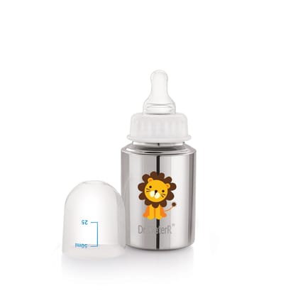 Dr.WaterR Stainless Steel Baby Feeding Bottle 150ml With 1 Extra Nipple Lion character Printed, narrow neck  Infants 0-3 Years, Bottle for Milk, Water, Juice, Ideal for Home, Gifting, Birthday, Special Occasions