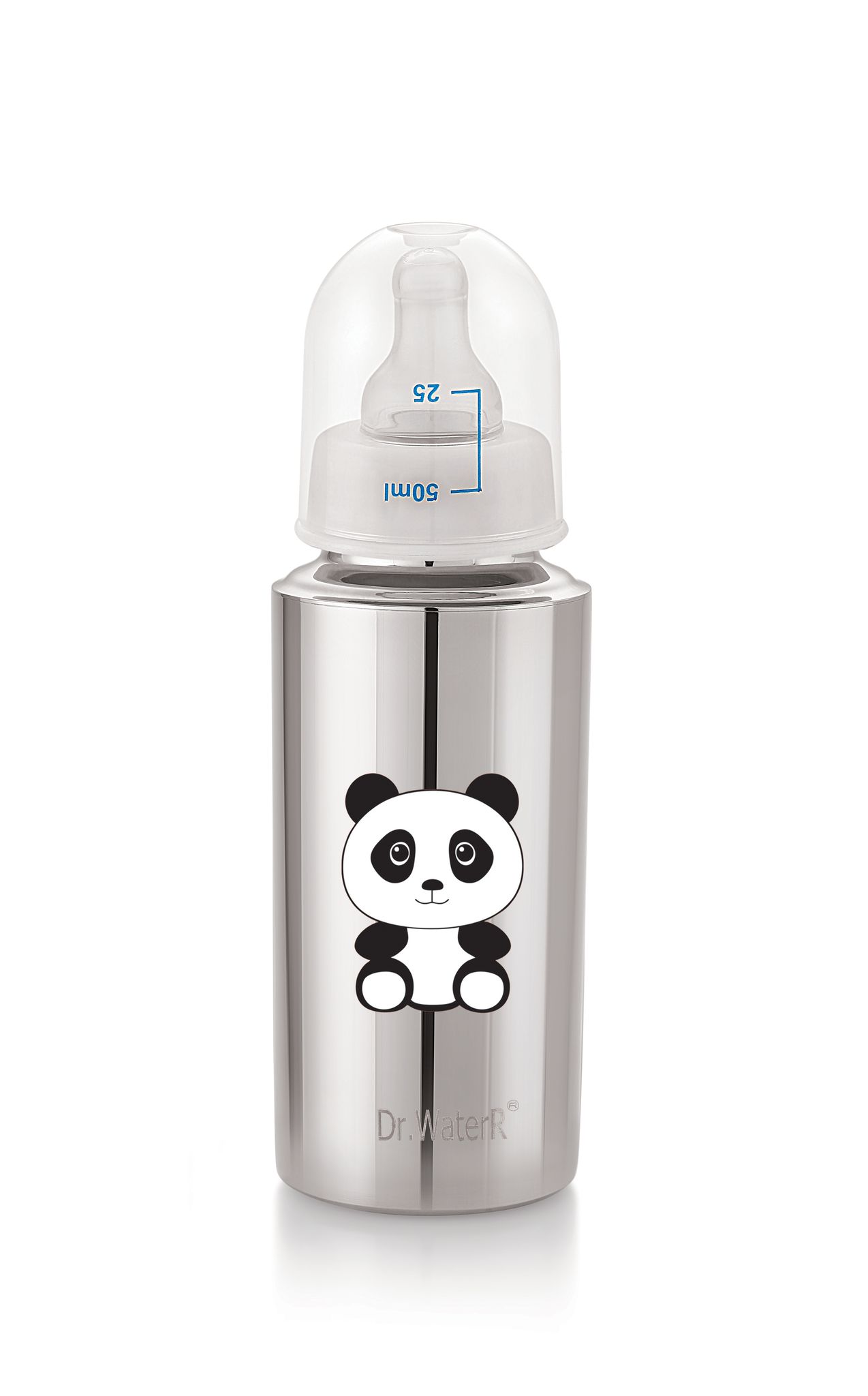 Dr.WaterR Stainless Steel Baby Feeding Bottle 250ml With 1 Extra Nipple Panda character Printed, narrow neck  Infants 0-3 Years, Bottle for Milk, Water, Juice, Ideal for Home, Gifting, Birthday, Special Occasions