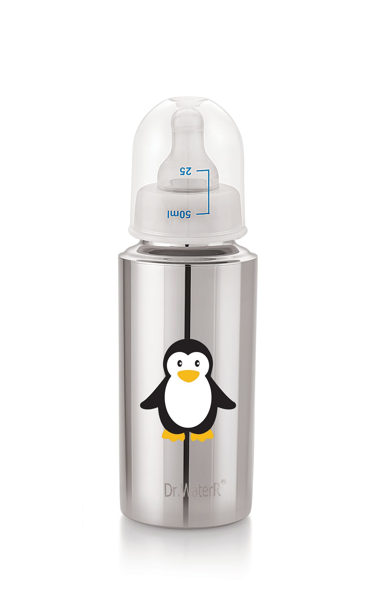 Dr.WaterR Stainless Steel Baby Feeding Bottle 250ml With 1 Extra Nipple Pengiun character Printed, narrow neck  Infants 0-3 Years, Bottle for Milk, Water, Juice, Ideal for Home, Gifting, Birthday, Special Occasions